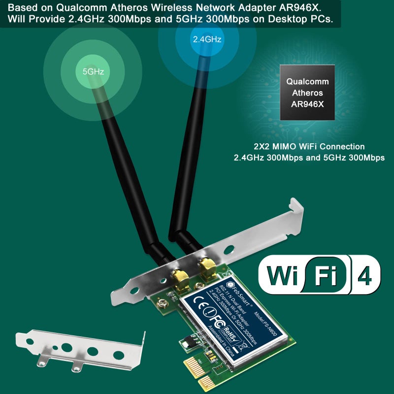 FebSmart Wireless N Dual Band 600Mbps (2.4GHz 300Mbps or 5GHz 300Mbps) PCIE WiFi Adapter for Windows 11, 10, 8.x, 7, XP (32/64bit) and Windows Server Desktop PCs, 2X2 MIMO PCIE WiFi Card (FS-N600) - Image 3